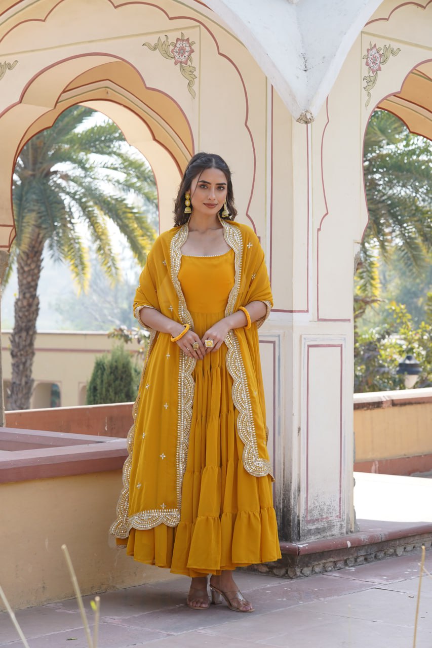 "Elegant Faux Georgette Women's Gown with Designer Embroidered Dupatta"