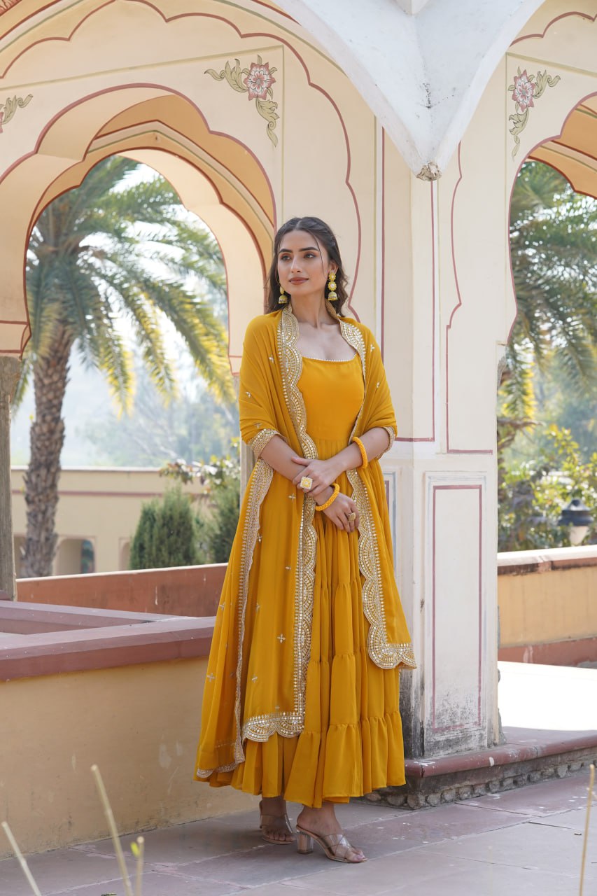 "Elegant Faux Georgette Women's Gown with Designer Embroidered Dupatta"