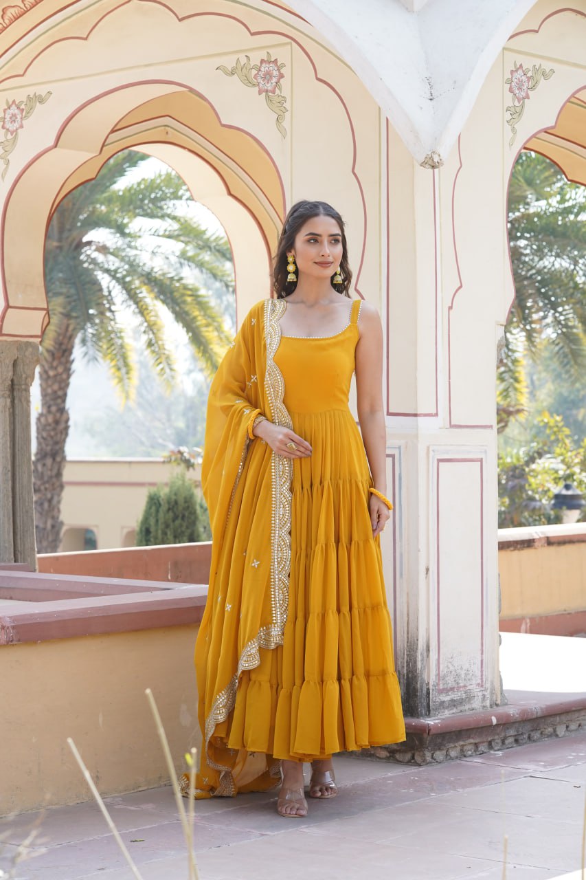 "Elegant Faux Georgette Women's Gown with Designer Embroidered Dupatta"