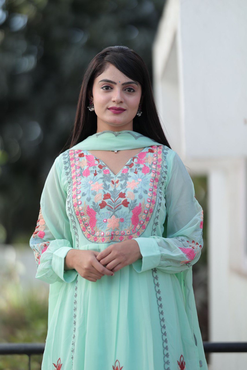 "Fox Georgette Embroidered Party Wear Kurti Plazzo Set with Heavy Dupatta"