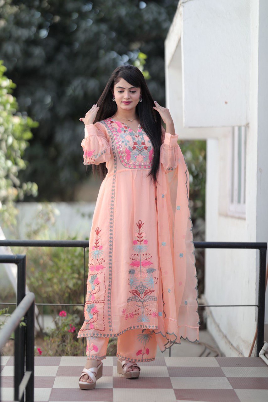 "Fox Georgette Embroidered Party Wear Kurti Plazzo Set with Heavy Dupatta"