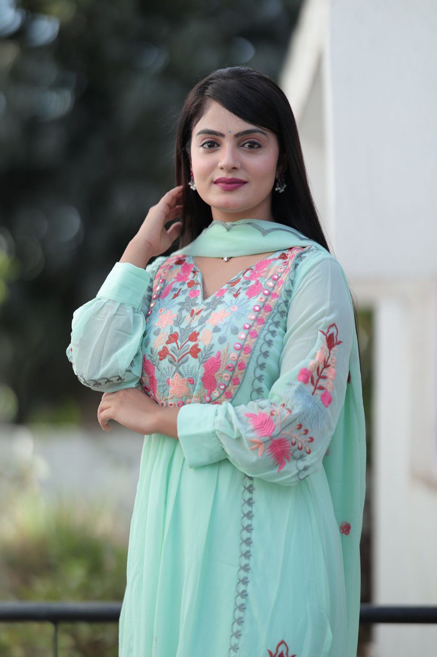 "Fox Georgette Embroidered Party Wear Kurti Plazzo Set with Heavy Dupatta"