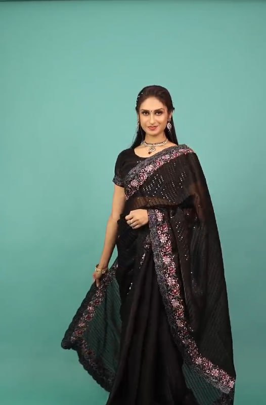 "Opulent Elegance: Premium Jimmy Choo Silk Saree with Heavy Embroidery & Sequins Work"