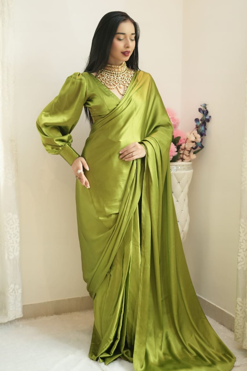 "Opulent Elegance: Ready-to-Wear Satin Saree Set with Stunning Color Design"