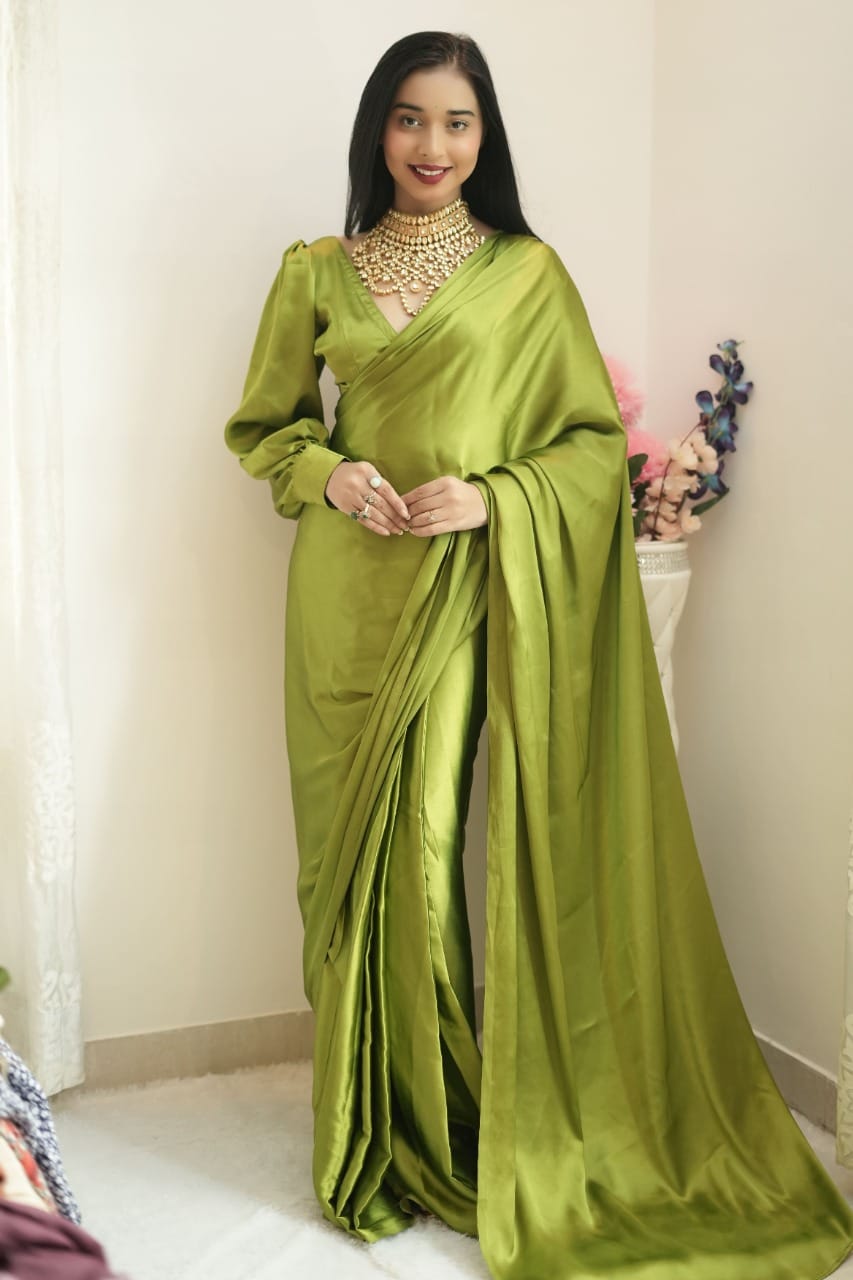 "Opulent Elegance: Ready-to-Wear Satin Saree Set with Stunning Color Design"