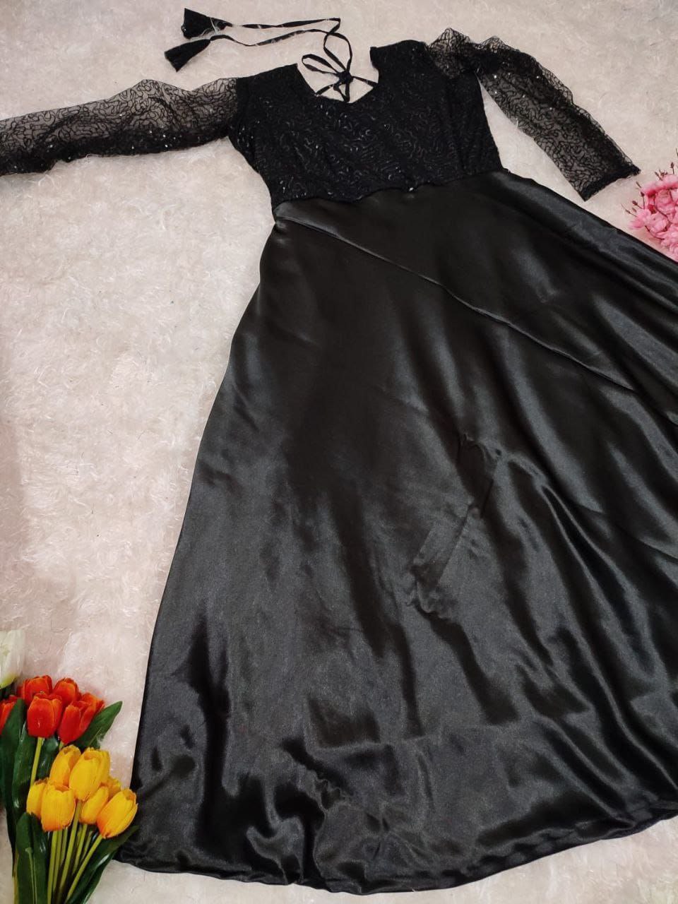 "Black Beauty: Exclusive Satin Silk Sequence Gown with Fancy Pattern and Tassel Detailing - Perfect for Parties, Weddings, and Special Events