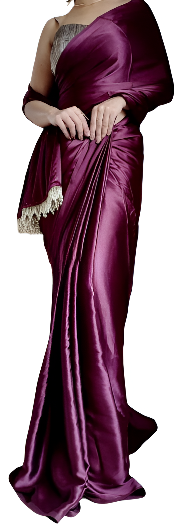 "Devsenas Delight: Luxurious Satin Saree with Lace Latkan Border - Mulberry Weaving Blouse Included"