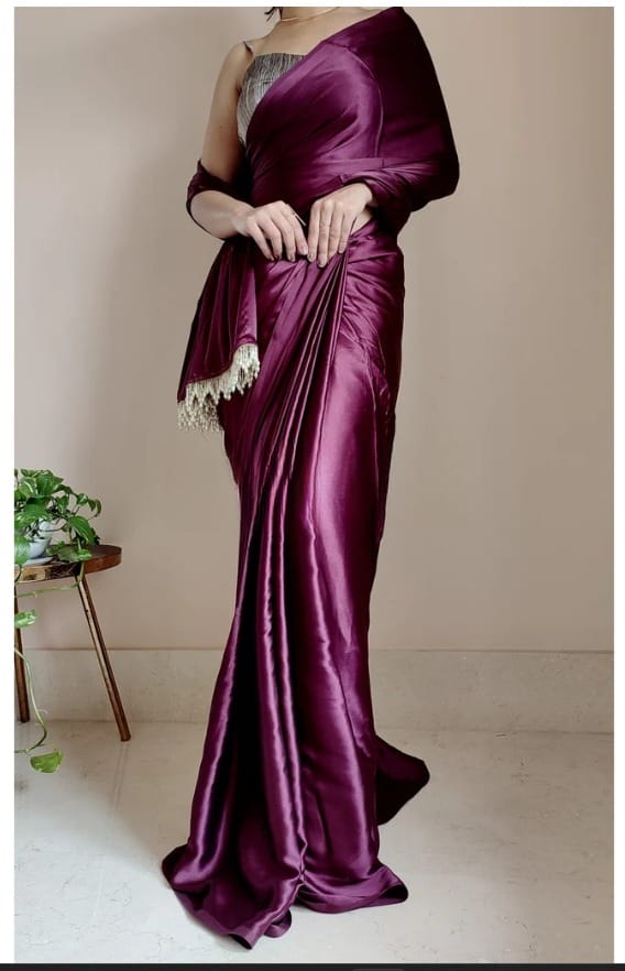 "Devsenas Delight: Luxurious Satin Saree with Lace Latkan Border - Mulberry Weaving Blouse Included"