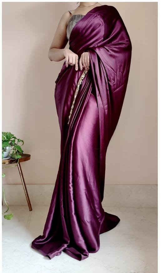 "Devsenas Delight: Luxurious Satin Saree with Lace Latkan Border - Mulberry Weaving Blouse Included"