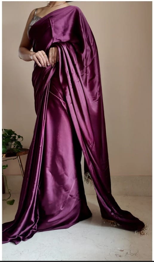 "Devsenas Delight: Luxurious Satin Saree with Lace Latkan Border - Mulberry Weaving Blouse Included"