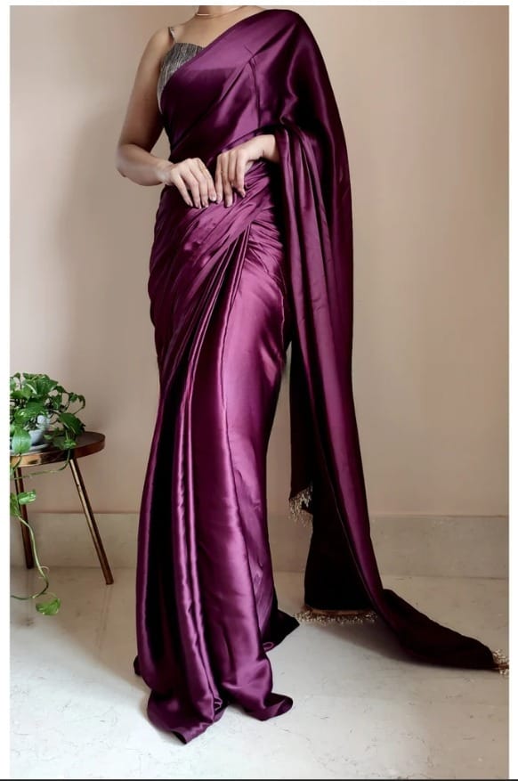 "Devsenas Delight: Luxurious Satin Saree with Lace Latkan Border - Mulberry Weaving Blouse Included"