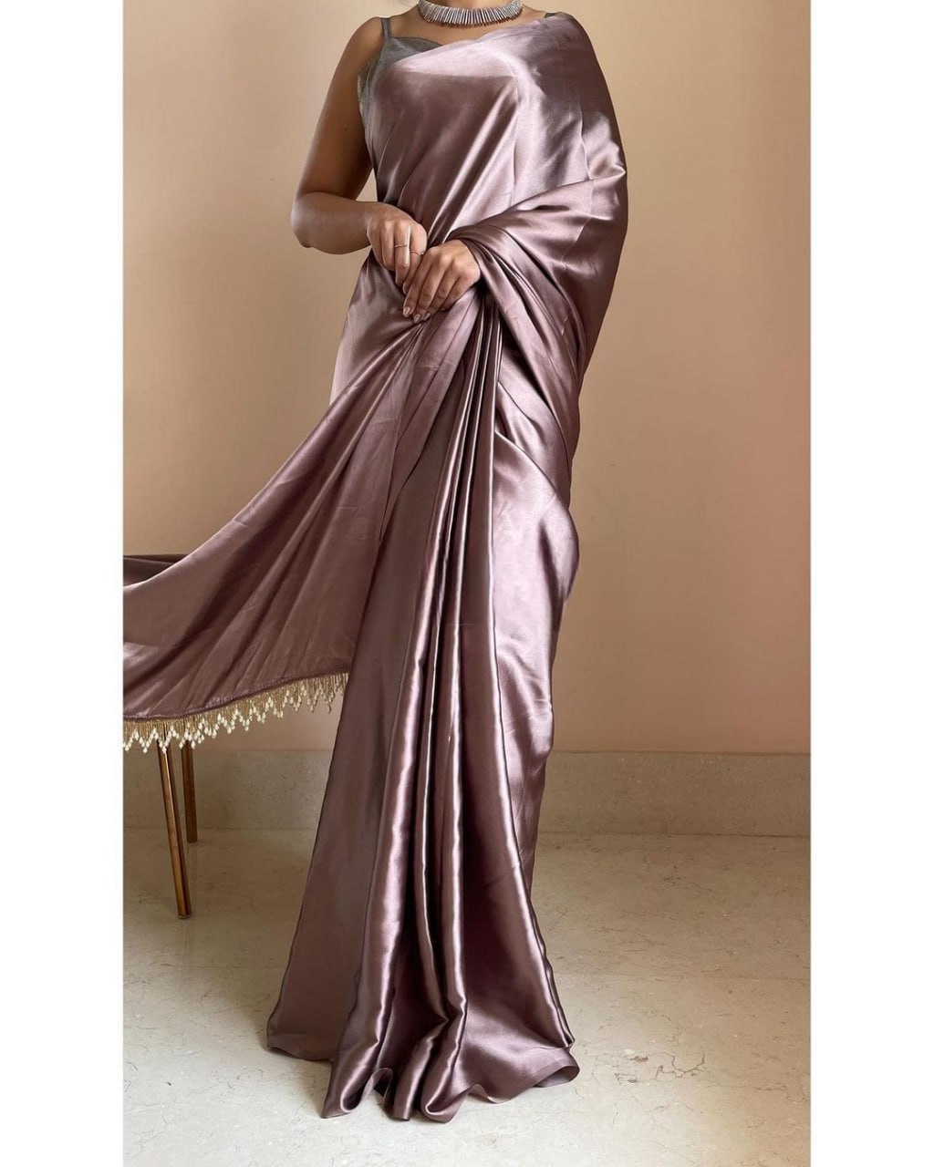 "Devsenas Delight: Luxurious Satin Saree with Lace Latkan Border - Mulberry Weaving Blouse Included"