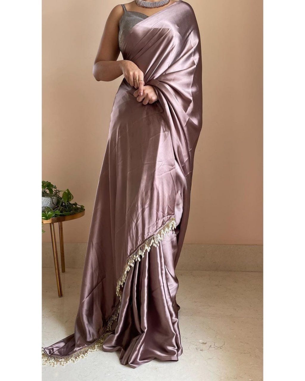 "Devsenas Delight: Luxurious Satin Saree with Lace Latkan Border - Mulberry Weaving Blouse Included"