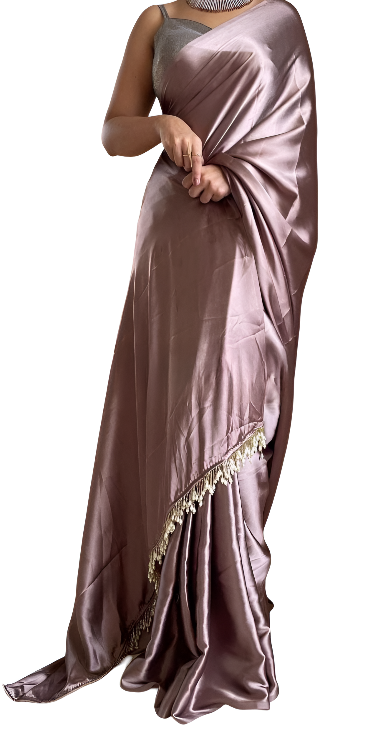 "Devsenas Delight: Luxurious Satin Saree with Lace Latkan Border - Mulberry Weaving Blouse Included"