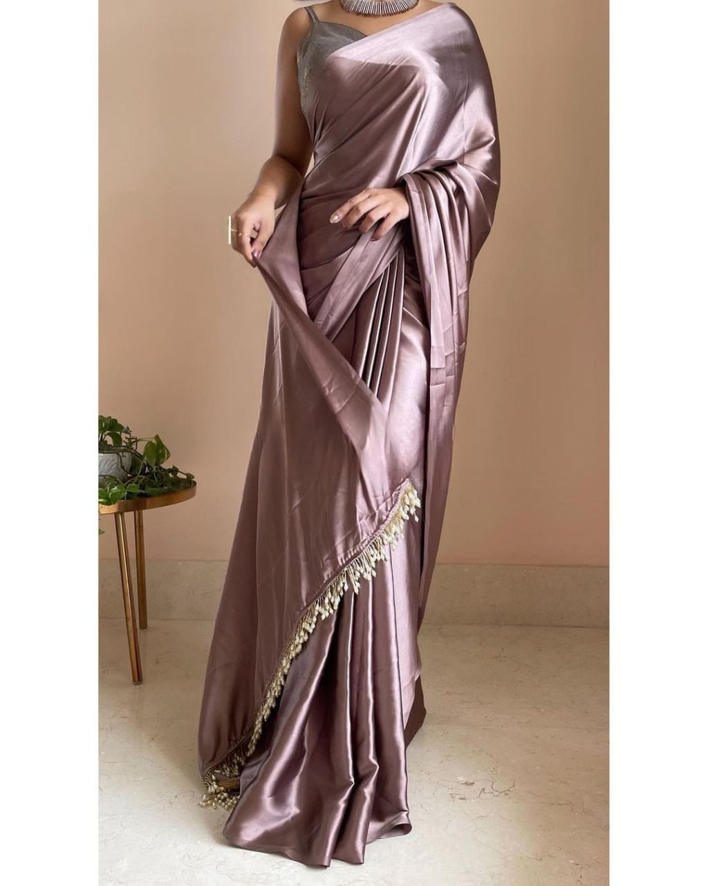 "Devsenas Delight: Luxurious Satin Saree with Lace Latkan Border - Mulberry Weaving Blouse Included"