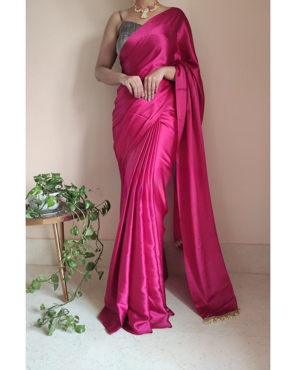 "Devsenas Delight: Luxurious Satin Saree with Lace Latkan Border - Mulberry Weaving Blouse Included"