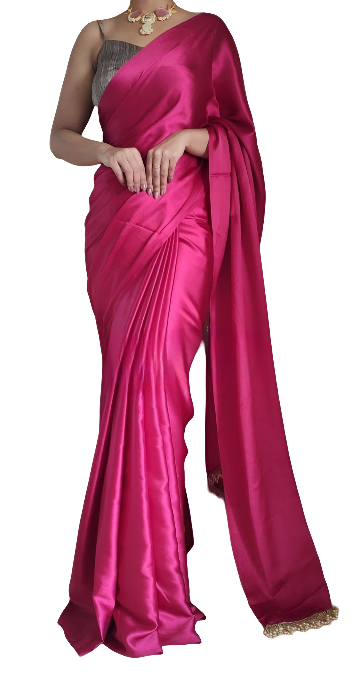 "Devsenas Delight: Luxurious Satin Saree with Lace Latkan Border - Mulberry Weaving Blouse Included"