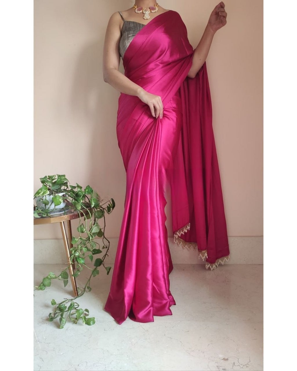 "Devsenas Delight: Luxurious Satin Saree with Lace Latkan Border - Mulberry Weaving Blouse Included"