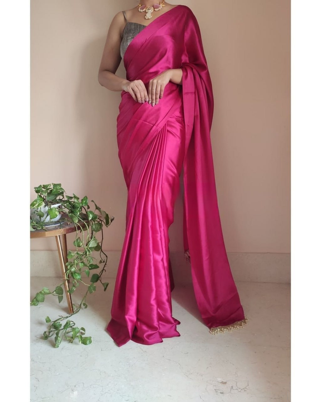 "Devsenas Delight: Luxurious Satin Saree with Lace Latkan Border - Mulberry Weaving Blouse Included"