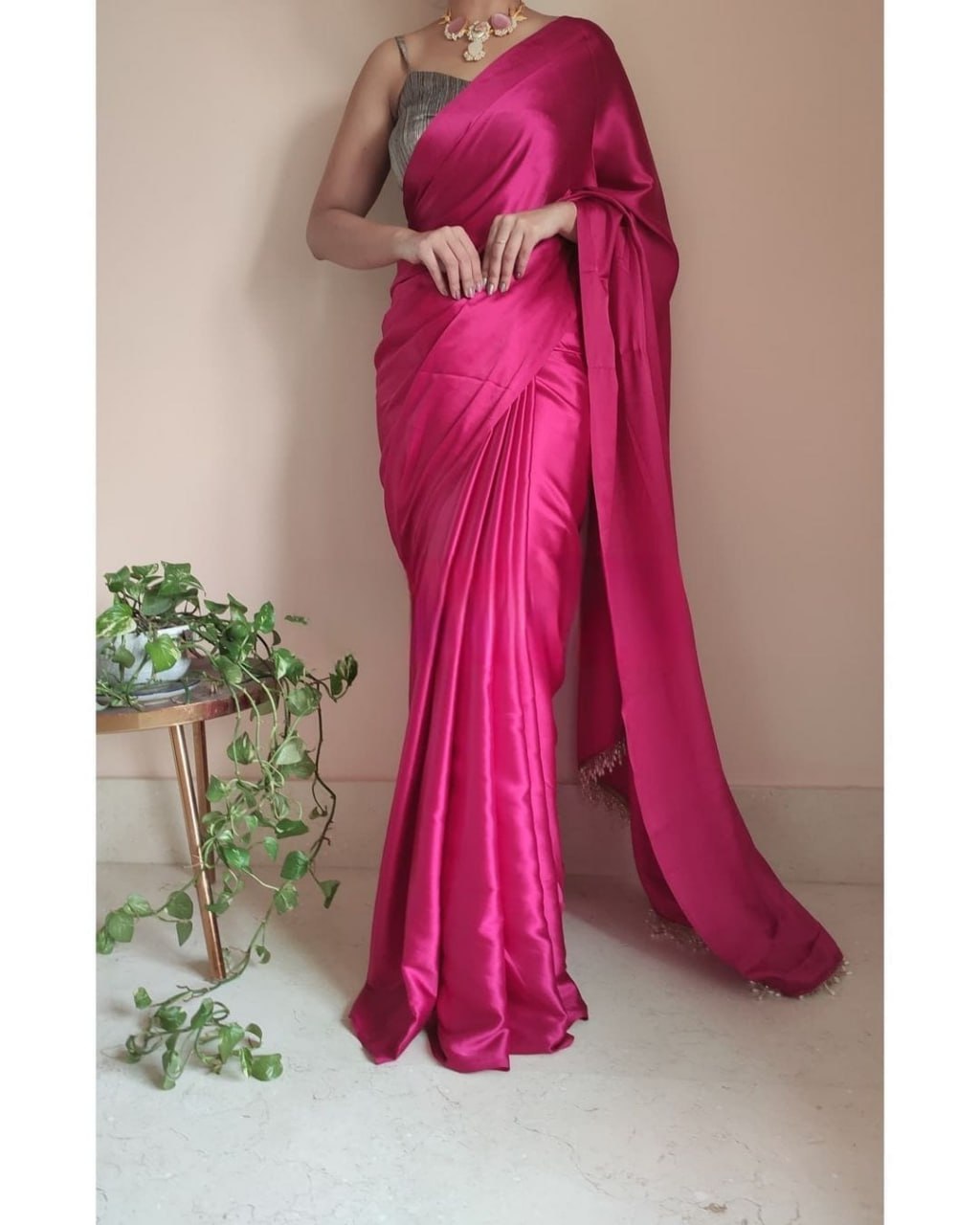 "Devsenas Delight: Luxurious Satin Saree with Lace Latkan Border - Mulberry Weaving Blouse Included"