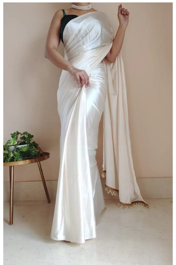 "Devsenas Delight: Luxurious Satin Saree with Lace Latkan Border - Mulberry Weaving Blouse Included"