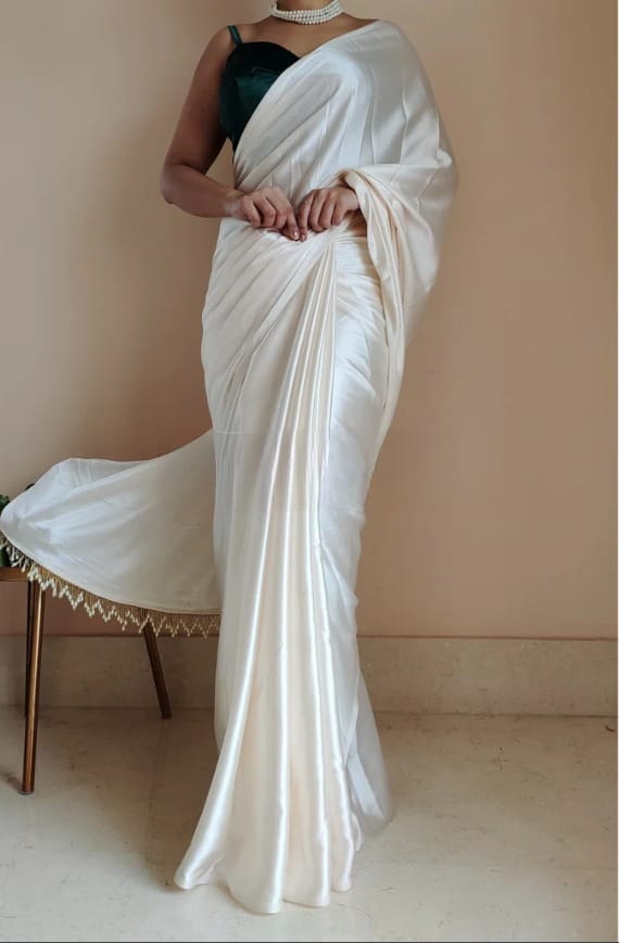 "Devsenas Delight: Luxurious Satin Saree with Lace Latkan Border - Mulberry Weaving Blouse Included"