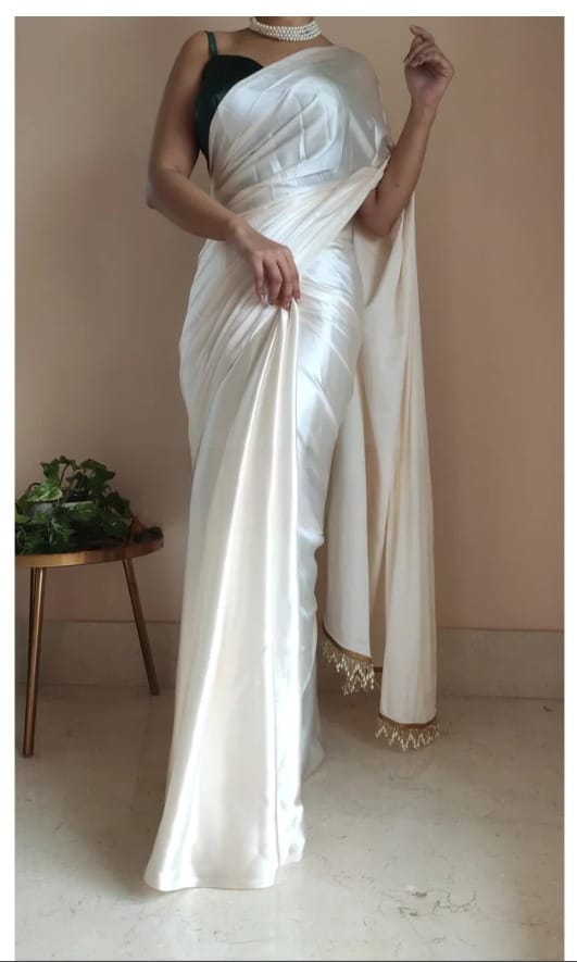 "Devsenas Delight: Luxurious Satin Saree with Lace Latkan Border - Mulberry Weaving Blouse Included"