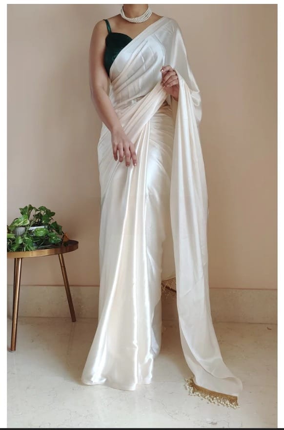 "Devsenas Delight: Luxurious Satin Saree with Lace Latkan Border - Mulberry Weaving Blouse Included"