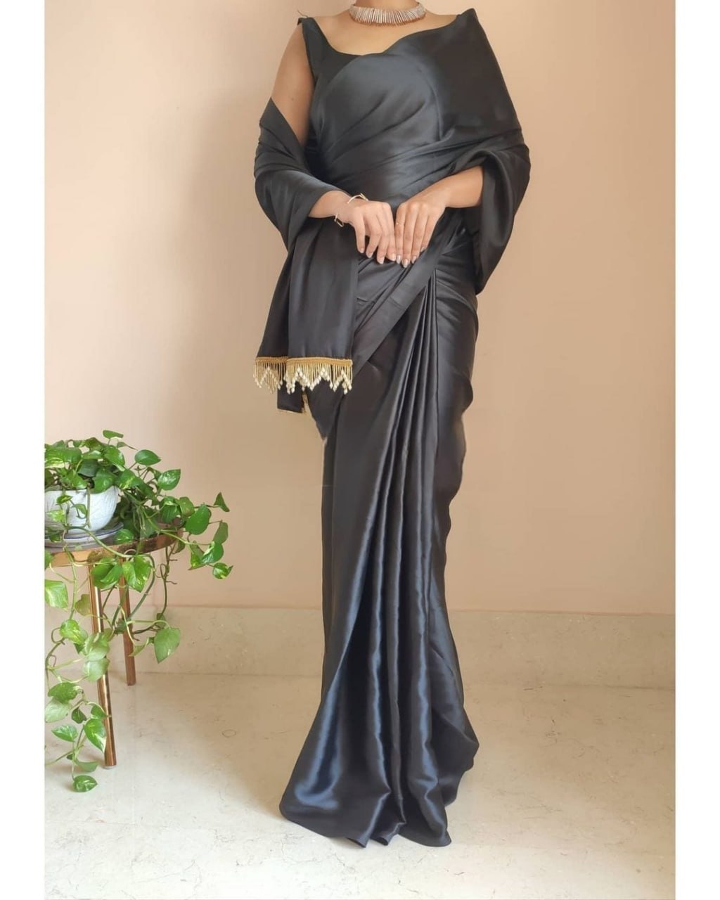 "Devsenas Delight: Luxurious Satin Saree with Lace Latkan Border - Mulberry Weaving Blouse Included"