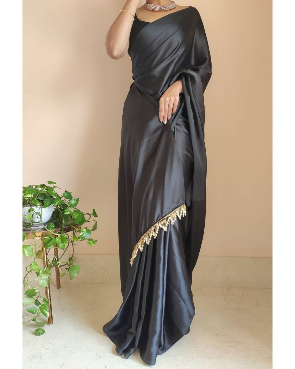 "Devsenas Delight: Luxurious Satin Saree with Lace Latkan Border - Mulberry Weaving Blouse Included"