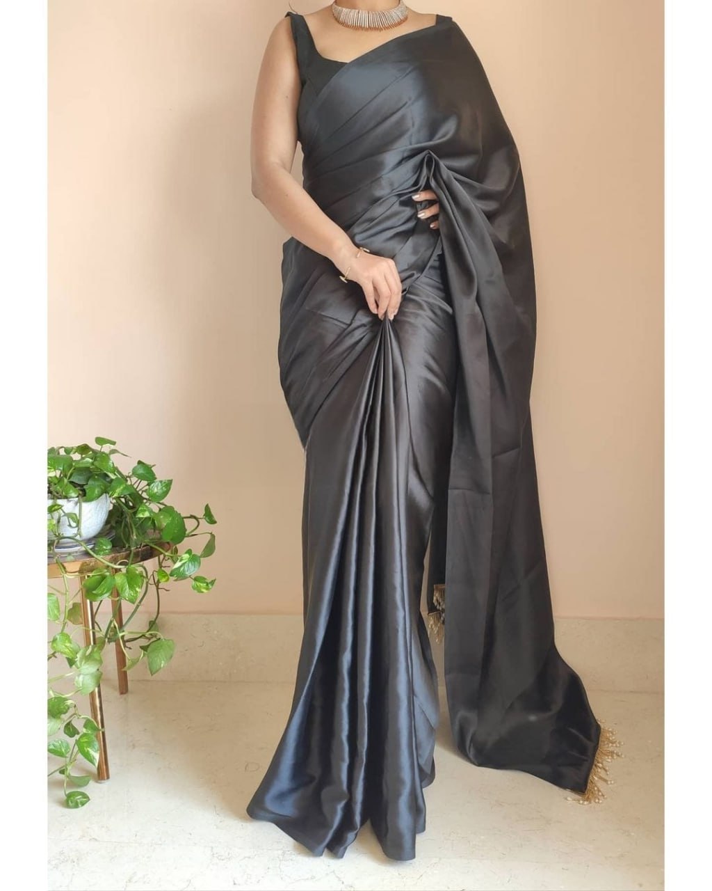 "Devsenas Delight: Luxurious Satin Saree with Lace Latkan Border - Mulberry Weaving Blouse Included"