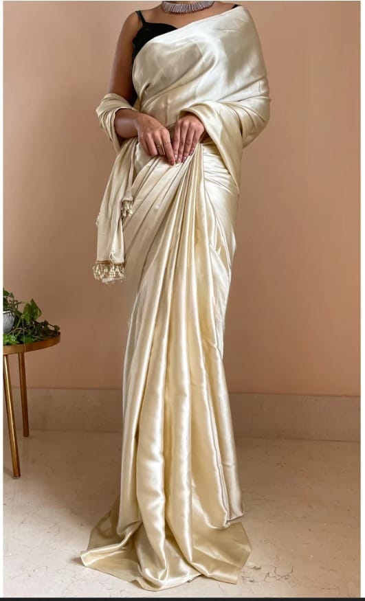 "Devsenas Delight: Luxurious Satin Saree with Lace Latkan Border - Mulberry Weaving Blouse Included"