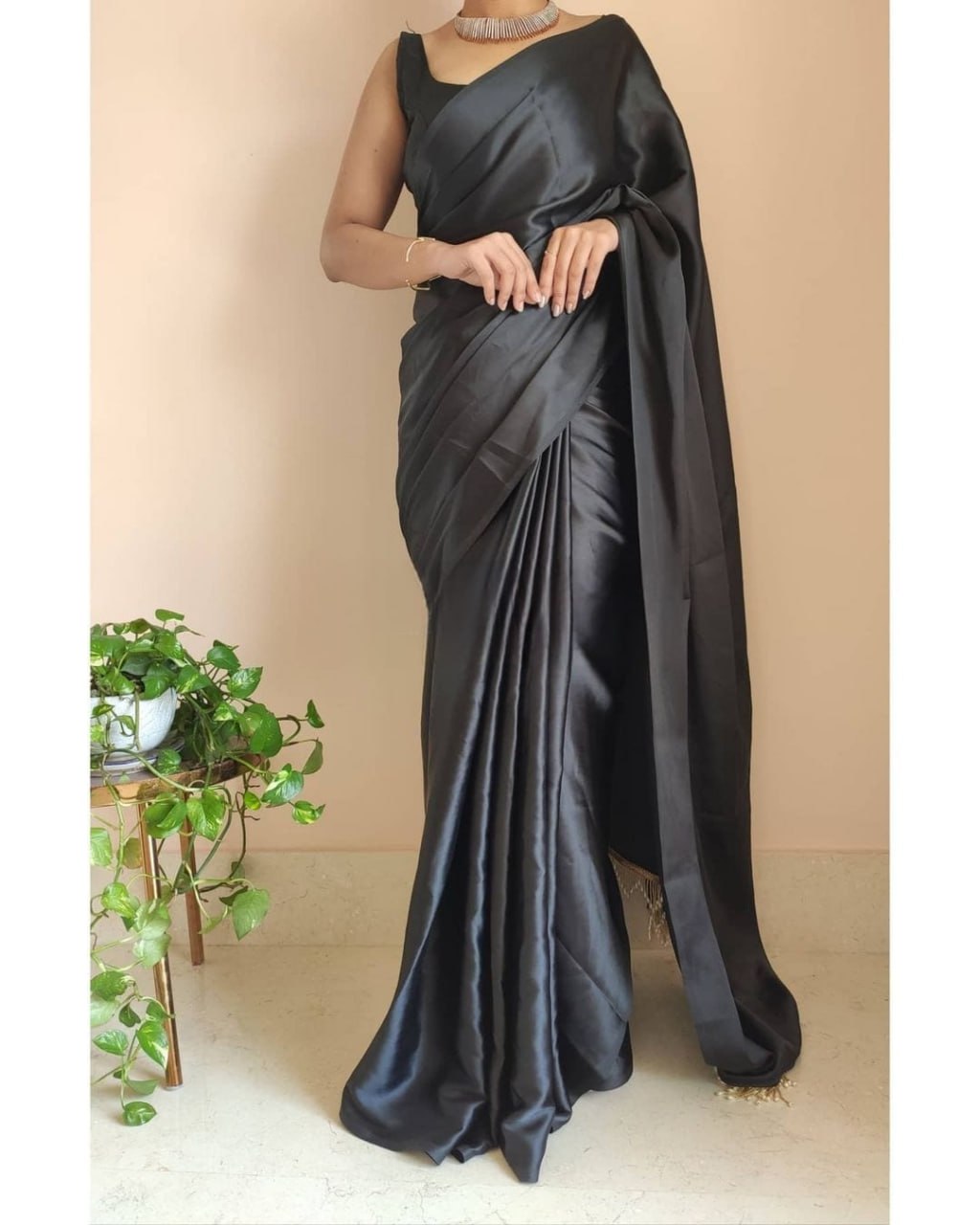 "Devsenas Delight: Luxurious Satin Saree with Lace Latkan Border - Mulberry Weaving Blouse Included"