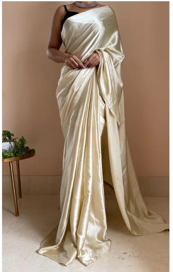 "Devsenas Delight: Luxurious Satin Saree with Lace Latkan Border - Mulberry Weaving Blouse Included"