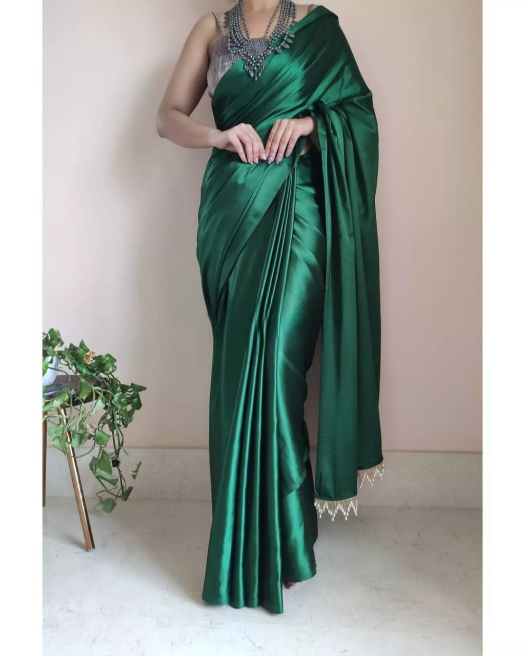 "Devsenas Delight: Luxurious Satin Saree with Lace Latkan Border - Mulberry Weaving Blouse Included"