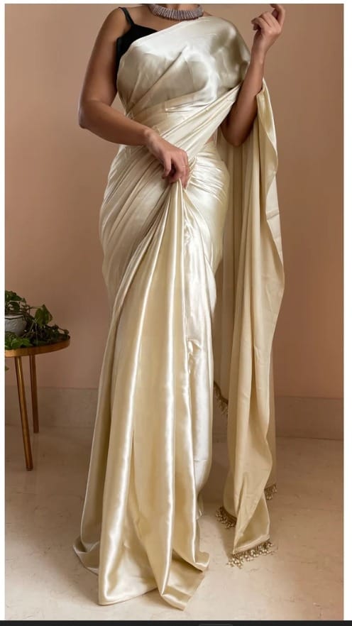 "Devsenas Delight: Luxurious Satin Saree with Lace Latkan Border - Mulberry Weaving Blouse Included"