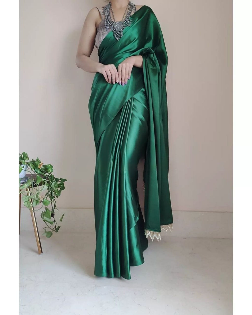 "Devsenas Delight: Luxurious Satin Saree with Lace Latkan Border - Mulberry Weaving Blouse Included"