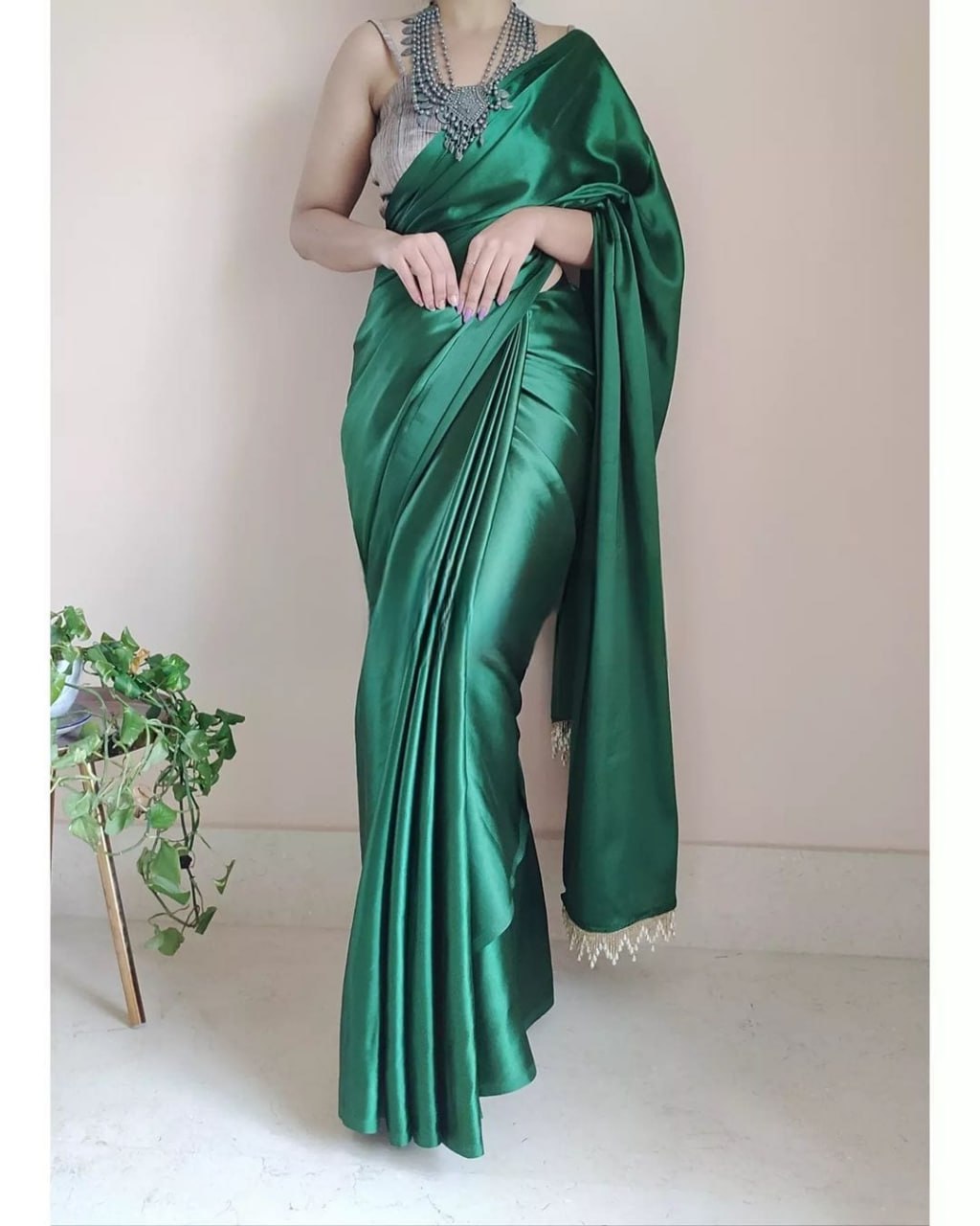 "Devsenas Delight: Luxurious Satin Saree with Lace Latkan Border - Mulberry Weaving Blouse Included"