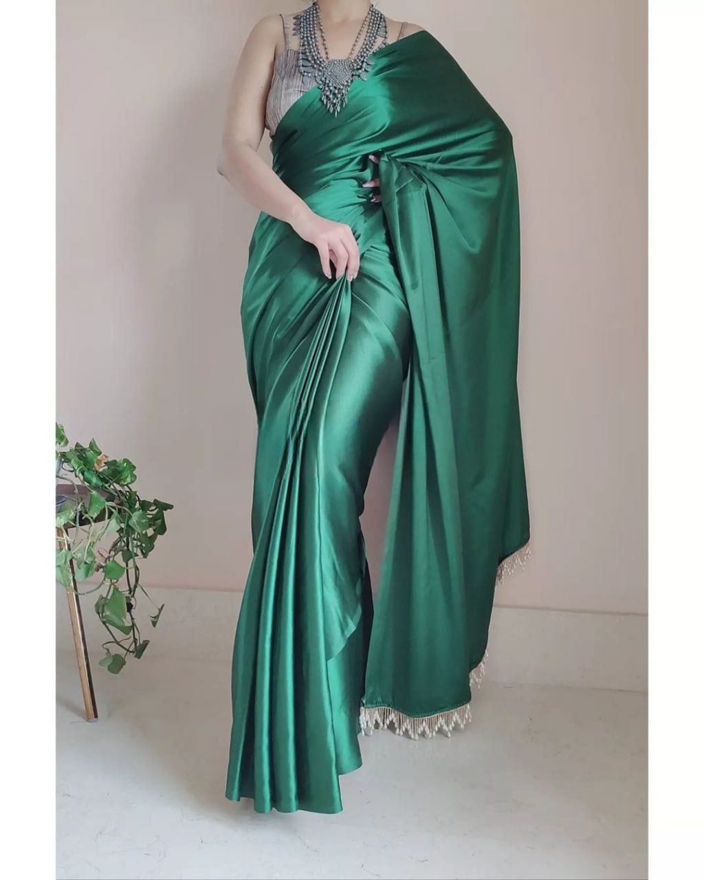 "Devsenas Delight: Luxurious Satin Saree with Lace Latkan Border - Mulberry Weaving Blouse Included"