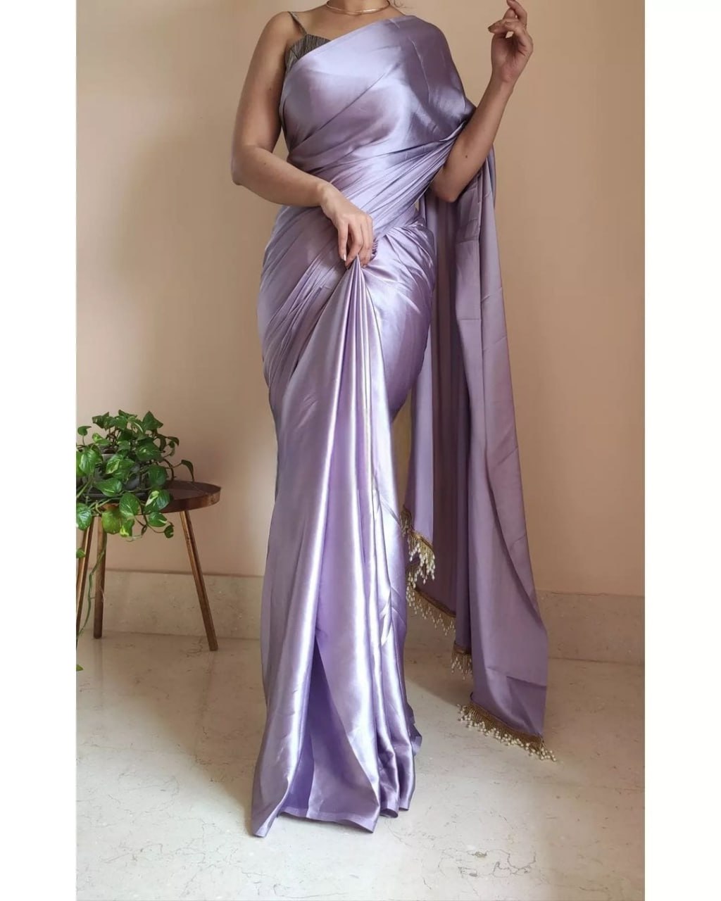 "Devsenas Delight: Luxurious Satin Saree with Lace Latkan Border - Mulberry Weaving Blouse Included"