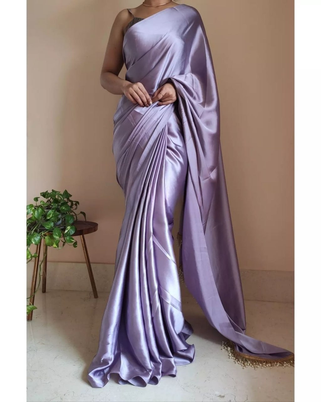 "Devsenas Delight: Luxurious Satin Saree with Lace Latkan Border - Mulberry Weaving Blouse Included"