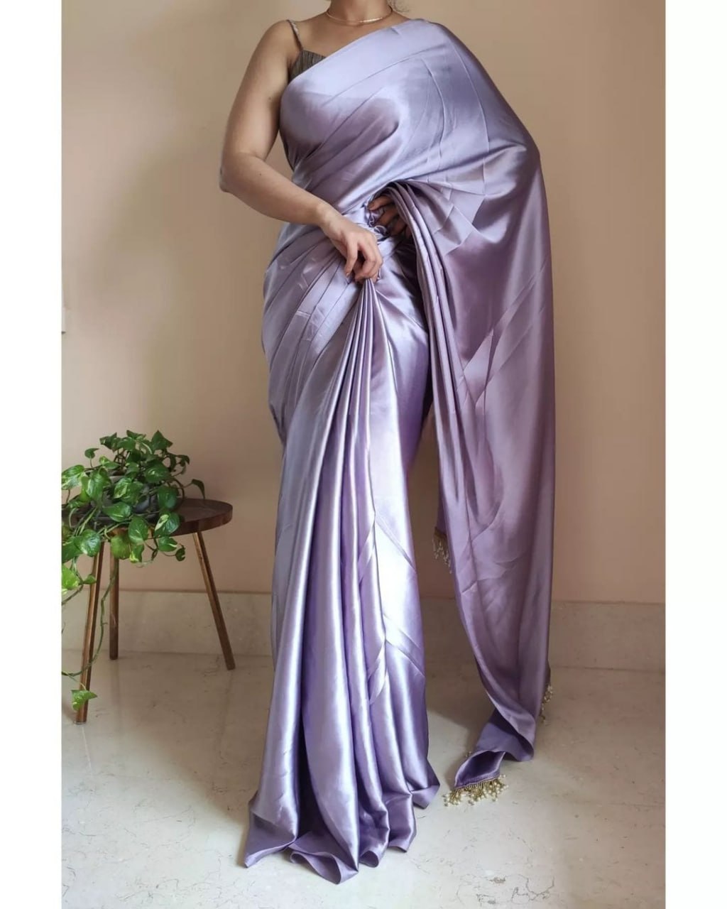 "Devsenas Delight: Luxurious Satin Saree with Lace Latkan Border - Mulberry Weaving Blouse Included"