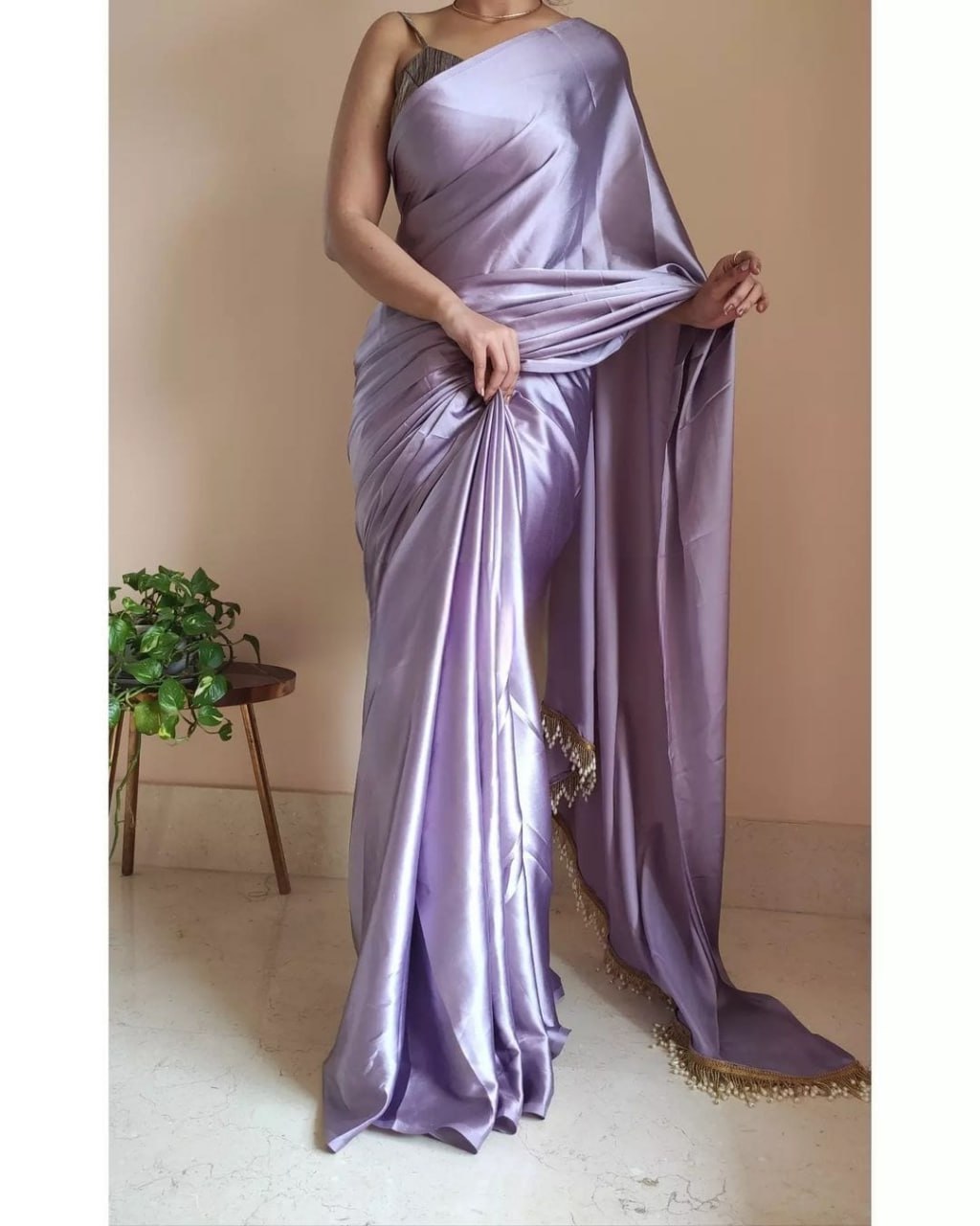 "Devsenas Delight: Luxurious Satin Saree with Lace Latkan Border - Mulberry Weaving Blouse Included"