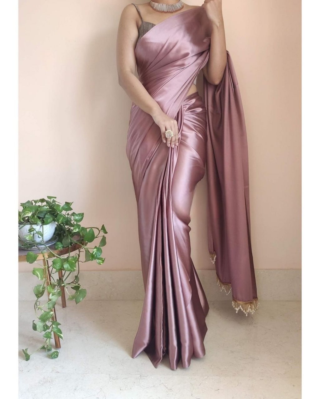 "Devsenas Delight: Luxurious Satin Saree with Lace Latkan Border - Mulberry Weaving Blouse Included"