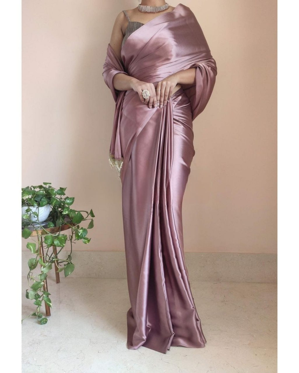 "Devsenas Delight: Luxurious Satin Saree with Lace Latkan Border - Mulberry Weaving Blouse Included"