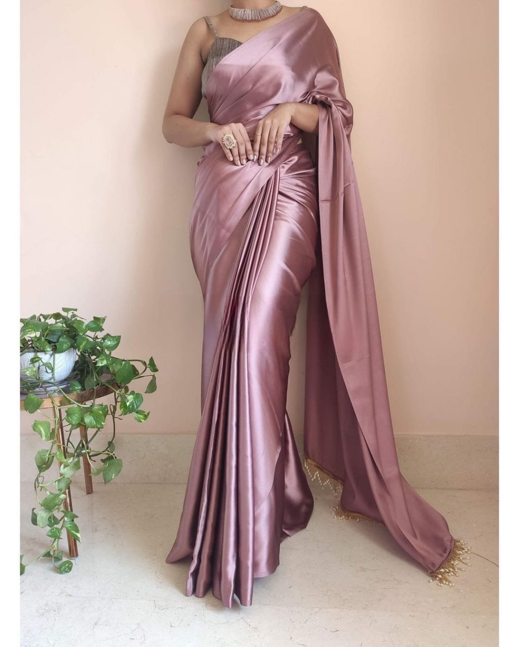 "Devsenas Delight: Luxurious Satin Saree with Lace Latkan Border - Mulberry Weaving Blouse Included"