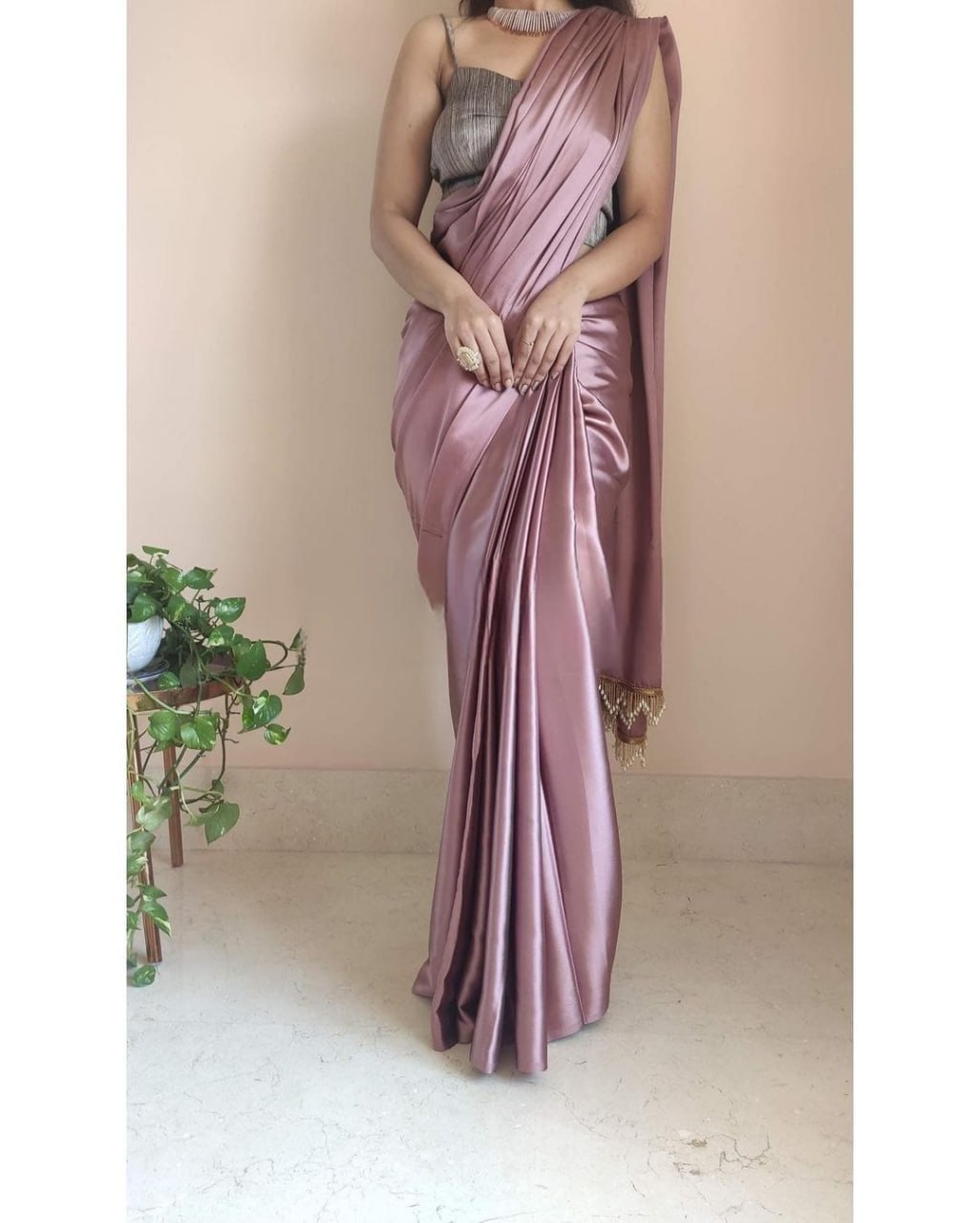 "Devsenas Delight: Luxurious Satin Saree with Lace Latkan Border - Mulberry Weaving Blouse Included"