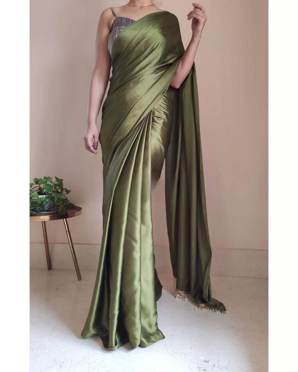 "Devsenas Delight: Luxurious Satin Saree with Lace Latkan Border - Mulberry Weaving Blouse Included"