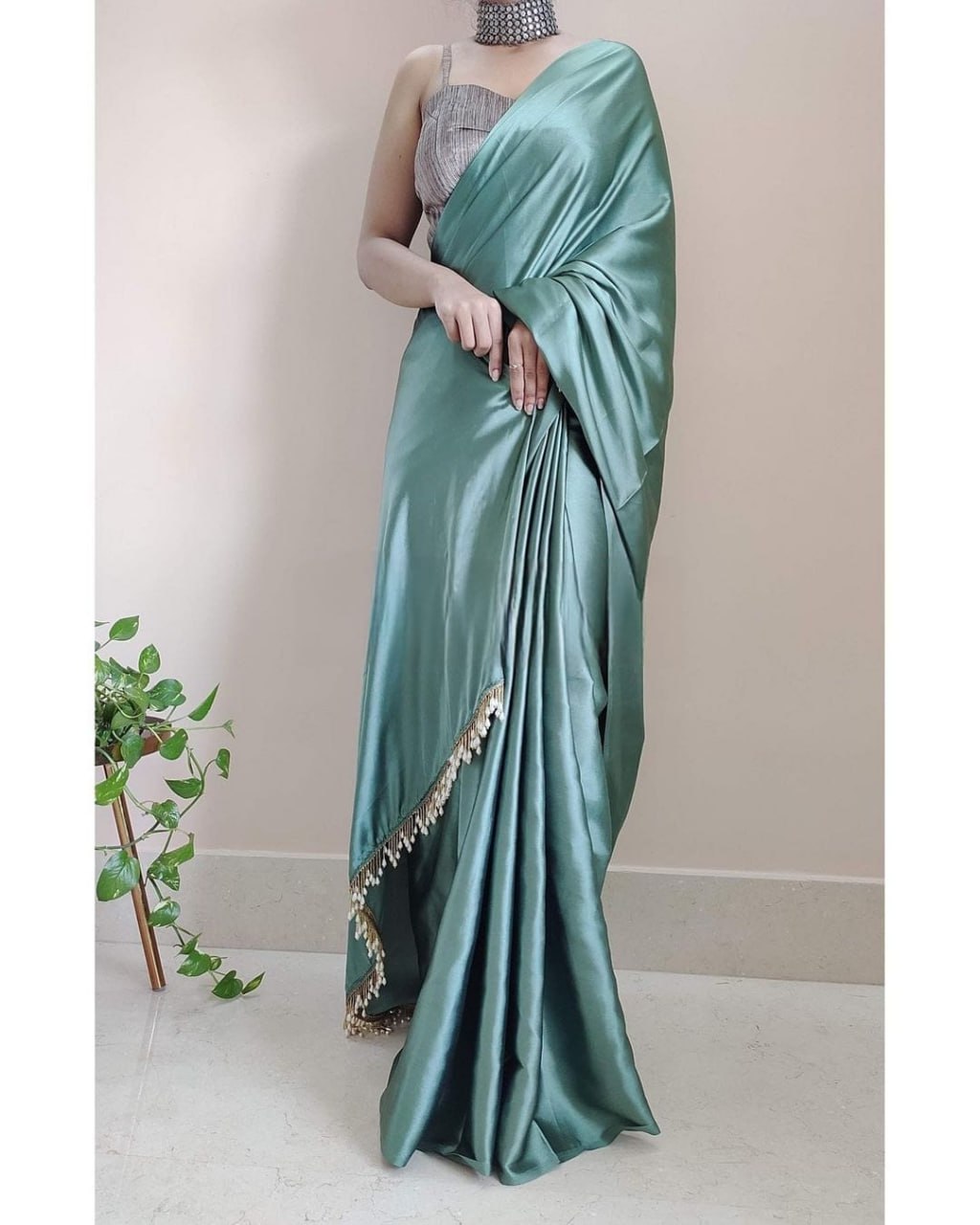 "Devsenas Delight: Luxurious Satin Saree with Lace Latkan Border - Mulberry Weaving Blouse Included"