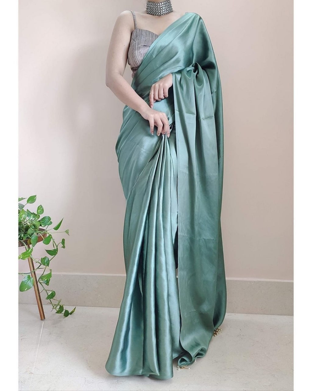 "Devsenas Delight: Luxurious Satin Saree with Lace Latkan Border - Mulberry Weaving Blouse Included"